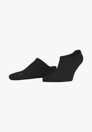 Black ankle socks made from a textured material, featuring a low-cut design and a small blue 'R' emblem on one sock.