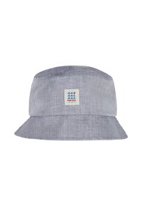 Bucket-Hut aus hellgrauem Stoff mit einer subtilen Textur. Verfügt über einen gesteppten Rand, ein Logo-Patch an der Vorderseite und ein lässiges Design.