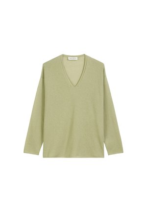 Pull-over long à manches vert clair en V avec une texture lisse, un design simple et peu de détails. Étiquette visible au niveau du col.