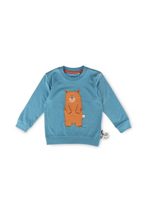 Blaues Kinder-Sweatshirt mit langen Ärmeln, vorne mit einer lächelnden braunen Bärengrafik und einem kleinen Hundemarken-Label an der Seite.