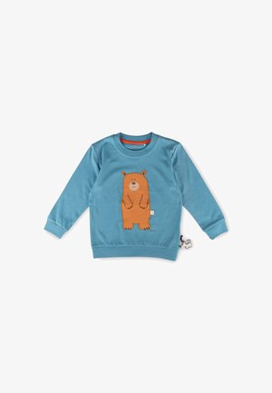 Blaues Kinder-Sweatshirt mit langen Ärmeln, vorne mit einer lächelnden braunen Bärengrafik und einem kleinen Hundemarken-Label an der Seite.