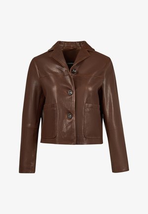 Brown leather jacket with three front buttons, two large front pockets, long sleeves, and a wide collar.