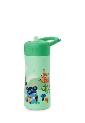 Green plastic water bottle with a flip-top lid, featuring colorful animal illustrations and a textured matte finish.
