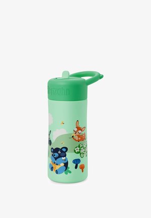 Grüne Plastikwasserflasche mit Klappdeckel, verziert mit bunten Tierillustrationen und einer strukturierten, matten Oberfläche.
