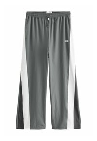 Gray athletic pants with white side panels, elastic waistband with drawstring, and logo detail. Designed for comfort and mobility.