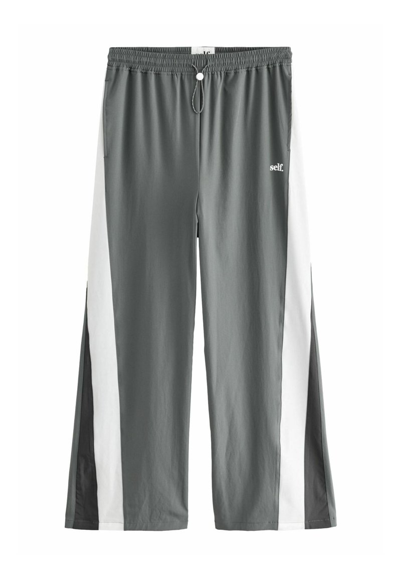 Gray athletic pants with white side panels, elastic waistband with drawstring, and logo detail. Designed for comfort and mobility.