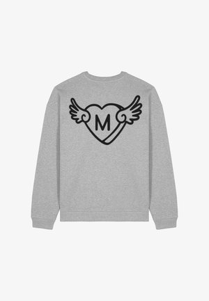 Grey sweatshirt featuring a large black graphic of a heart with wings and the letter "M" inside. Round neck and ribbed cuffs.