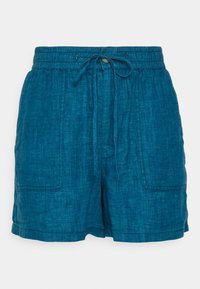 Shorts en lin bleu avec taille à cordon, deux poches latérales et coupe décontractée. Tissu texturé avec une légère brillance.