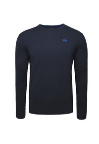 Tummansininen neulepaita pitkillä hihoilla. Ominaisuuksiin kuuluu pyöreä kaula-aukko ja pieni sininen brodeerattu logo rinnassa. Sileä kangas.