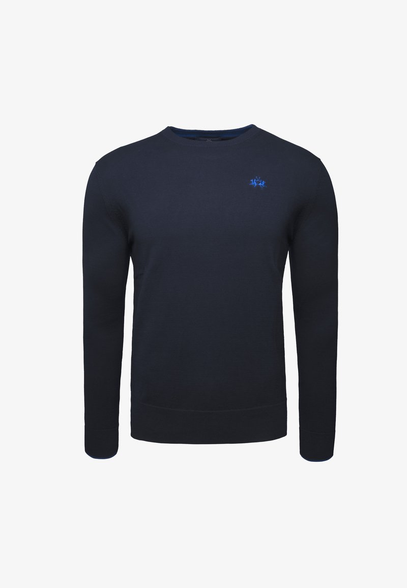 Tummansininen neulepaita pitkillä hihoilla. Ominaisuuksiin kuuluu pyöreä kaula-aukko ja pieni sininen brodeerattu logo rinnassa. Sileä kangas.