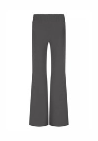 Grau ausgestellte Hose mit einem gesmokten Bund, aus weichem Material gefertigt, mit einer glatten Textur und einer taillierten Silhouette, die an den Knöcheln weiter wird.