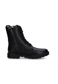 Stivaletto in pelle nera con lacci sul davanti e cerniera laterale. Caratterizzato da una suola in gomma piatta e una finitura liscia con hardware minimale.