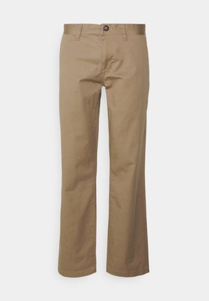 Beige cotton trousers with a straight leg design. Features a front button closure, belt loops, and visible stitching at the hems.