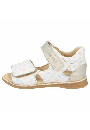 Weiße Kindersandale mit pastellfarbenem Blumenmuster, zwei verstellbaren Klettverschlüssen, beiger gepolsterter Innensohle und einer flachen Gummisohle.