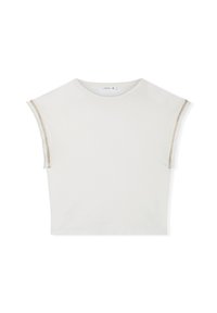 T-shirt bianca a maniche corte con scollatura rotonda. Presenta cuciture decorative di un leggero oro chiaro sulle spalle. Materiale in cotone, vestibilità comoda.
