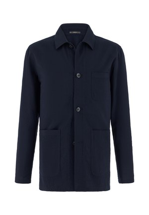 Giacca da uomo blu navy con bottoni, maniche lunghe, tre tasche frontali e collo classico, mostrata su sfondo bianco.