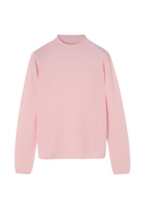 Roze, lange mouwen turtleneck trui gemaakt van zachte stof. Heeft een eenvoudige, ontspannen silhoeët met een gladde textuur en geen patronen.