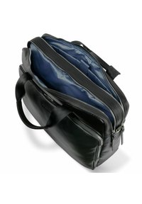 Black leather shoulder bag with dual zippers, featuring a smooth exterior and a blue interior lining. Sturdy straps and structured shape.