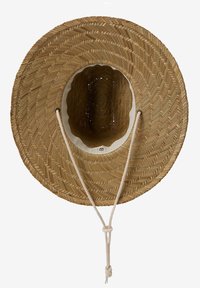 Sombrero de paja de ala ancha con una textura tejida, forma circular y una banda interior blanca. Cuenta con un cordón para ajuste.