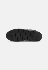 Semelle de chaussure noire avec motif de bande de roulement rainurée, rainures horizontales profondes et zones de grip texturées aux sections talon et avant-pied.