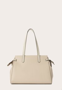 Borsa tote in pelle beige con forma strutturata, doppi manici superiori e nastri decorativi sui lati. Tessuto liscio con finitura opaca.