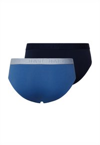 Twee paar damesondergoed. Een in marineblauw met een gestructureerde donkere tailleband, de ander in effen blauw met een lichtgrijze tailleband.