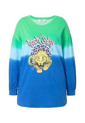Langärmliges T-Shirt mit Ombre-Effekt von grün zu blau, versehen mit einem Leoparden-Graphic und pinkem "Rock Star"-Text. Aus weichem Baumwollmaterial.