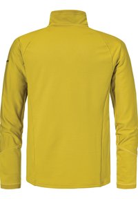 Gelbe langärmlige Jacke mit hohem Kragen, glatter Textur und vertikalem Rippmuster; verfügt über flache Nähte und keine sichtbaren Beschläge.