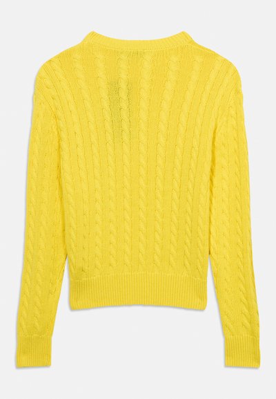 Κίτρινο πουλόβερ με καλώδιο πλέξης, με ριμπάτο τελείωμα και μανσέτες, που διαθέτει υφή σε όλη την πλάτη. Ελαφρύ, μαλακό ύφασμα.