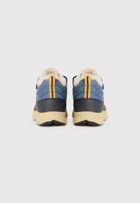 Chaussures de randonnée bleues et brunes avec une tige texturée, une doublure moelleuse, des accents jaunes et une semelle en caoutchouc robuste, vues de l'arrière.
