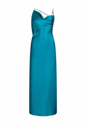 Une robe en satin teal à bretelles spaghetti, avec un décolleté drapé, une longueur au sol et une texture lisse et scintillante.