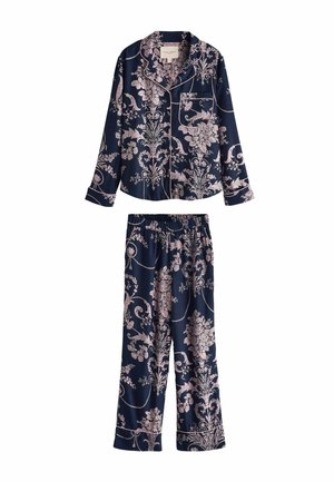 Marineblaue Pyjama-Set mit leichten, rosa Blumenmustern, langärmligem Oberteil mit Tasche und elastischen Hosen mit passendem Design.