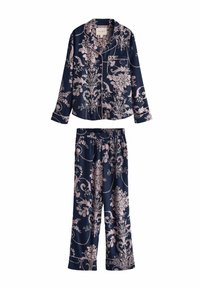 Laivyno spalvos pižamos rinkinys turi ilgomis rankovėmis viršutinius drabužius su šviesiai rožiniu gėlių raštu, krūtinės kišene ir atitinkamus elastinio juosmens kelnes su panašiu dizainu.