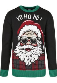 Pulover negru tricotat cu un design de Moș Crăciun. Guler și mansete ribbate verzi. Textul spune "YO HO HO!" cu accente roșii și un model în carouri.