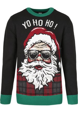 Svart stickad tröja med en design av jultomten. Grön ribbad krage och ärmslut. Texten säger "HO HO HO!" med röda accenter och ett rutig mönster.