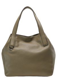 Torebkę z oliwkowej zieleni z fakturowanej skóry z podwójnymi uchwytami na ramię oraz subtelnym logo marki tłoczonym na środku przodu.