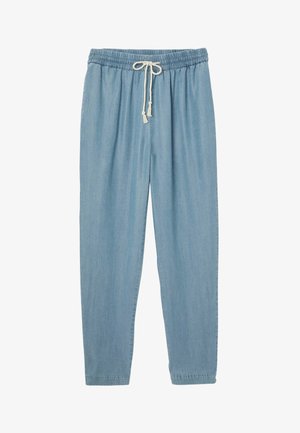 Pantalon jogger en denim bleu clair avec taille élastique et lien de serrage blanc, jambes fuselées et coupe décontractée.