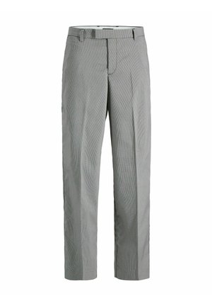 Gray and white checked trousers with a straight leg design, featuring a flat front, belt loops, and hidden side pockets.
