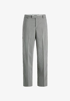 Grijze en witte geruite pantalon met een rechte pijpdesign, voorzien van een flat front, riemlussen en verborgen zijzakken.