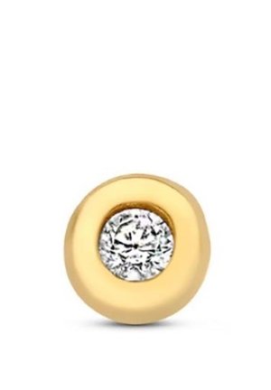 Goldene, runde Ohrringe mit einem zentralen runden Diamanten. Glatte, polierte Oberfläche mit glänzendem Finish. Kompaktes Design und moderne Ästhetik.