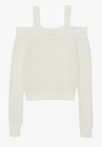 Pull en maille beige clair avec design à épaule dégagée, manches longues et poignets côtelés. Tissage texturé et ample avec une coupe carrée.