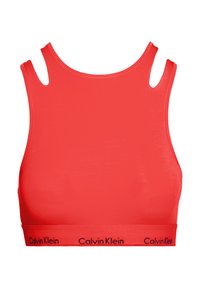 Röd sportbh med en åtsittande design, mjukt stretchmaterial och skurna axelremmar. Har en enkel svart "Calvin Klein" logo på bandet.