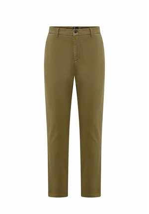 Olivgrüne Hose aus einem glatten Stoff, mit Reißverschluss, Knopfverschluss, Fronttaschen und geradem Schnitt mit gesäumten Knöcheln.