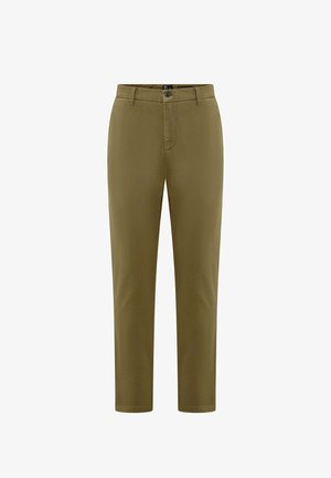 Olivgrüne Hose aus einem glatten Stoff, mit Reißverschluss, Knopfverschluss, Fronttaschen und geradem Schnitt mit gesäumten Knöcheln.