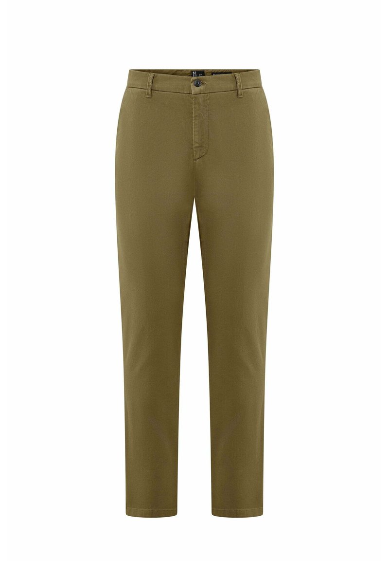 Pantaloni verde oliva realizzati in un tessuto morbido, con zip frontale, chiusura a bottone, tasche frontali e una vestibilità dritta con caviglie orlate.