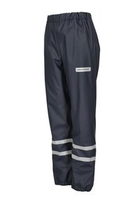 Donkergrijze regenbroek van glanzend waterdicht materiaal. Voorzien van een elastische tailleband en reflecterende strepen bij de pijpzomen.