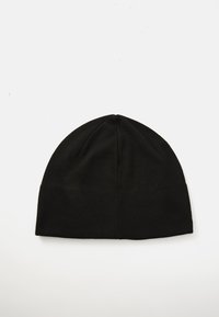 Cappello beanie nero in maglia con una texture liscia, cima affusolata e bordo piegato. Realizzato in materiale flessibile per una vestibilità aderente.