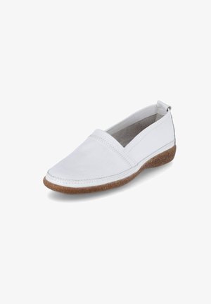 Weiße Slipper aus glattem Leder mit runder Zehenpartie und einer strukturierten, tanfarbenen Gummisohle. Verfügt über gestickte Akzente am Vorderblatt.