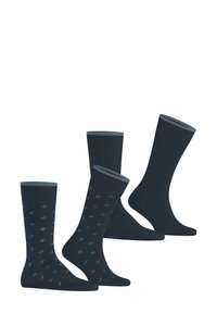 Marineblaue Socken-Set mit zwei Paaren: ein Paar unifarben mit geripptem Bündchen und ein Paar gemustert mit blauen Akzenten und geometrischen Designs. Aus Baumwoll-Mischgewebe.