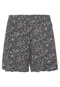Blommiga shorts med svart bakgrund, prydda med små blå, rosa och orange blommor. Elastisk midja och vågig fåll. Lättviktig tyg.